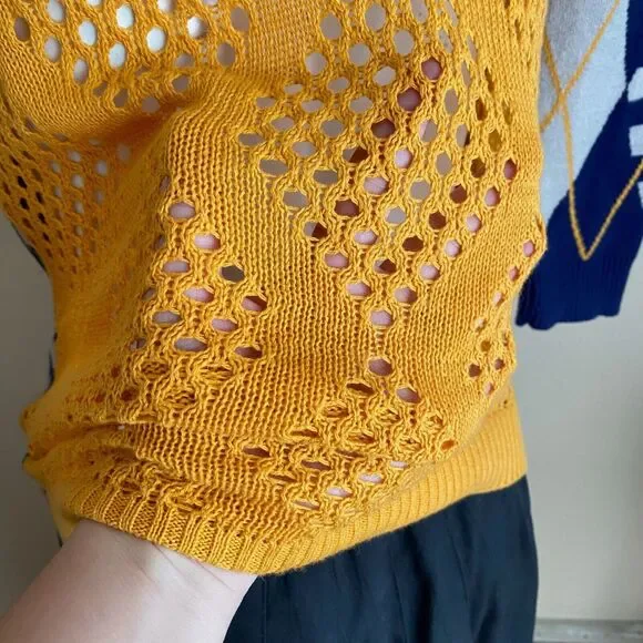 Copper Key L 100% Cotton Blue Gold Argyle Open Crochet 3/4 Sleeve Knit Cardigan - Picture 4 of 7